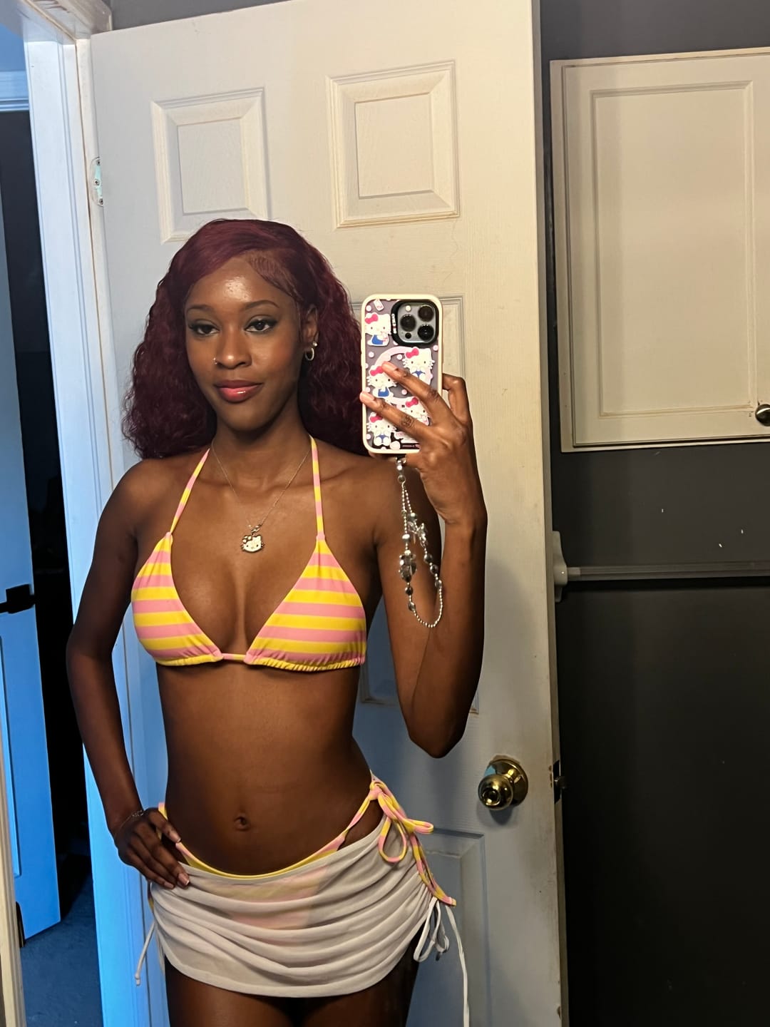 Customer photo review of Yellow Striped Polka Dot Triangle Top & Cheeky Brazilian Bottom Reversible Bikini Set