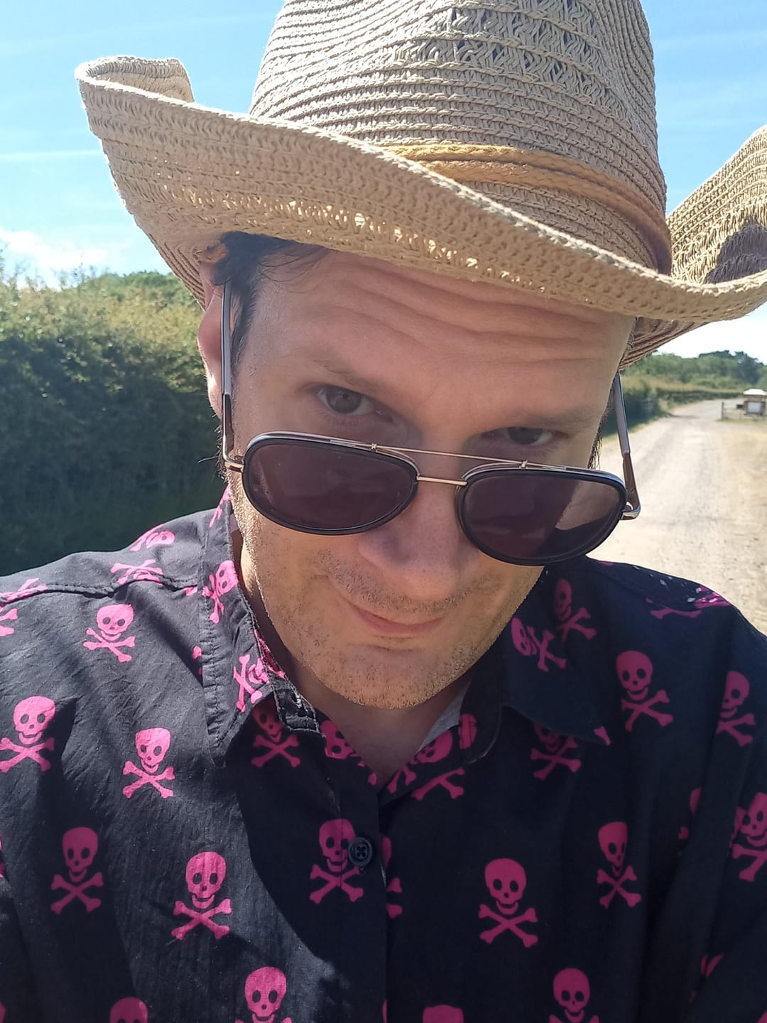 Customer photo review of Men's Pink Skull Punk Rock Holiday Cotton Breathable Cool Summer Short Sleeve Shirt