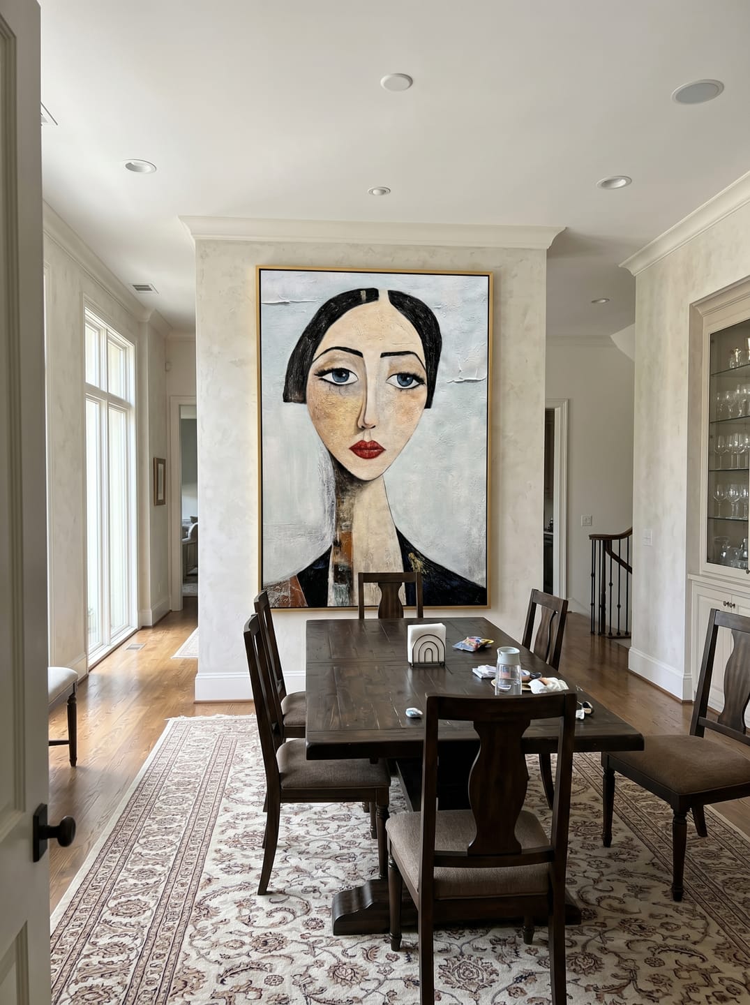 Customer photo review of The Sapphire Gaze – Expressionist Modigliani-Style Woman Portrait Painting | Retro Minimalist Living Hallway Art