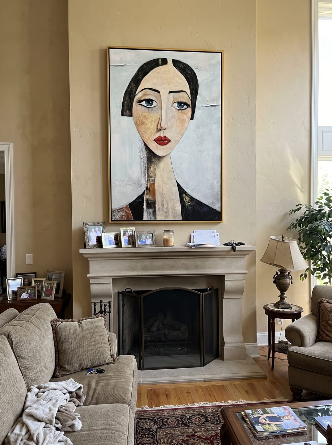 Customer photo review of The Sapphire Gaze – Expressionist Modigliani-Style Woman Portrait Painting | Retro Minimalist Living Hallway Art