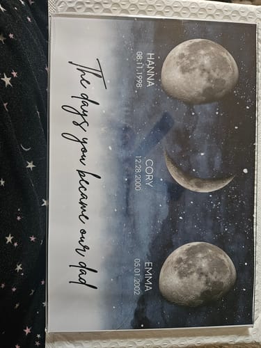 Customer's 'The days you became our dad' poster, showing three personalized birth moon phases for their children.