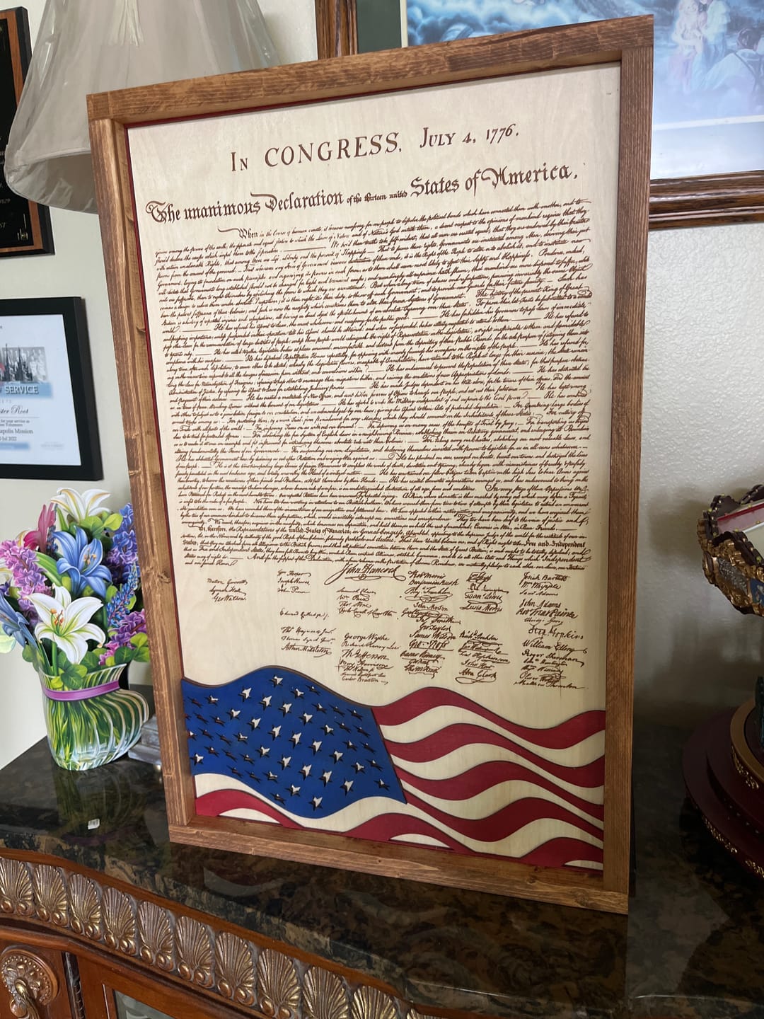 Customer photo review of Declaration of Independence & Flag Design | Patriotic Laser Engraved & Framed Wall Art