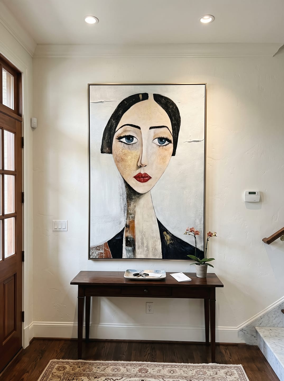 Customer photo review of The Sapphire Gaze – Expressionist Modigliani-Style Woman Portrait Painting | Retro Minimalist Living Hallway Art