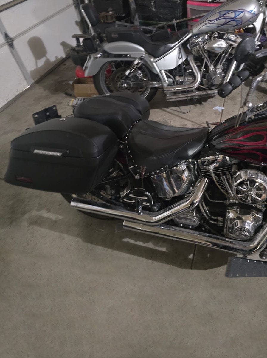 Customer photo review of 44L - Lamellar Stallion Extra Large Leather Covered Motorcycle Hard Saddlebags for Harley Softail Fatboy FLSTF/I