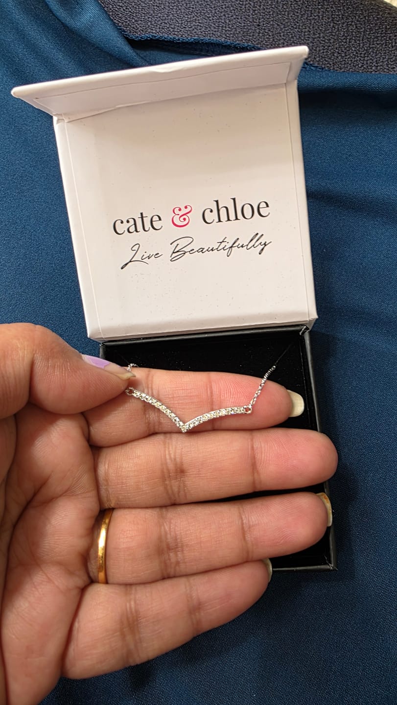 Customer photo review of Hope 18k White Gold Plated V Pendant Linear Necklace with Swarovski Crystals