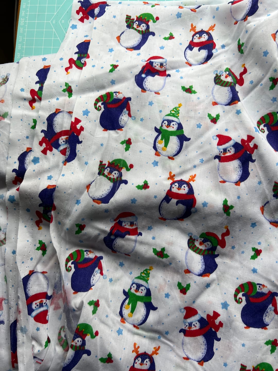 Customer photo review of Christmas Penguins on White Polycotton Fabric