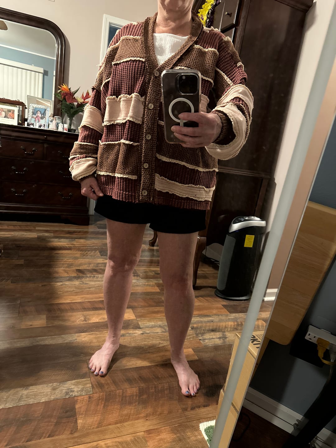 Customer photo review of Wine, Blush, & Mauve Washed Color Block & Patchwork Cardigan FINAL SALE