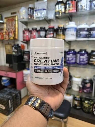 Customer's hand holding a tub of Wellcore Micronised Creatine Monohydrate in a store.