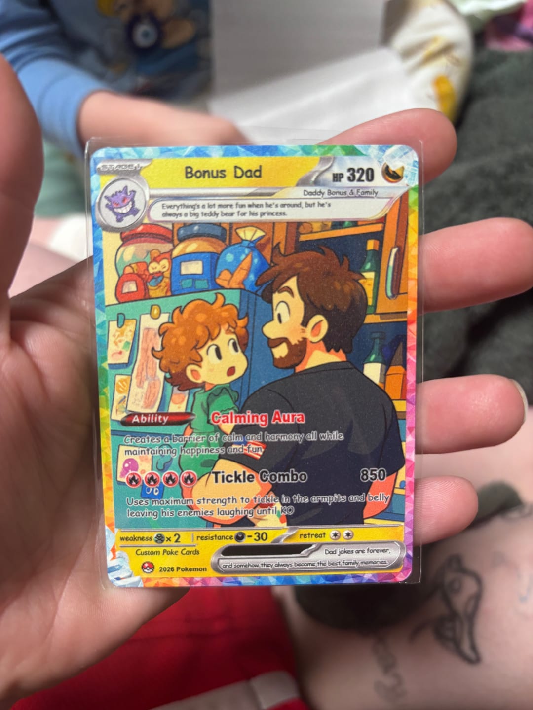 Customer photo review of Happy Father's Day Custom Pokémon Card - Comic Anime Style Personalized Pokémon Card for Funny Dad - Perfect Gift from Wife & Kids - CPC-120