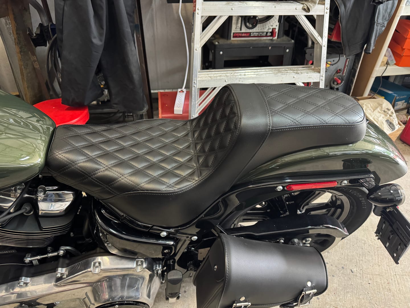 Customer photo review of Iron Born Diamond Stitch 2-Up Seat for Harley Softail Street Bob FXBB/S