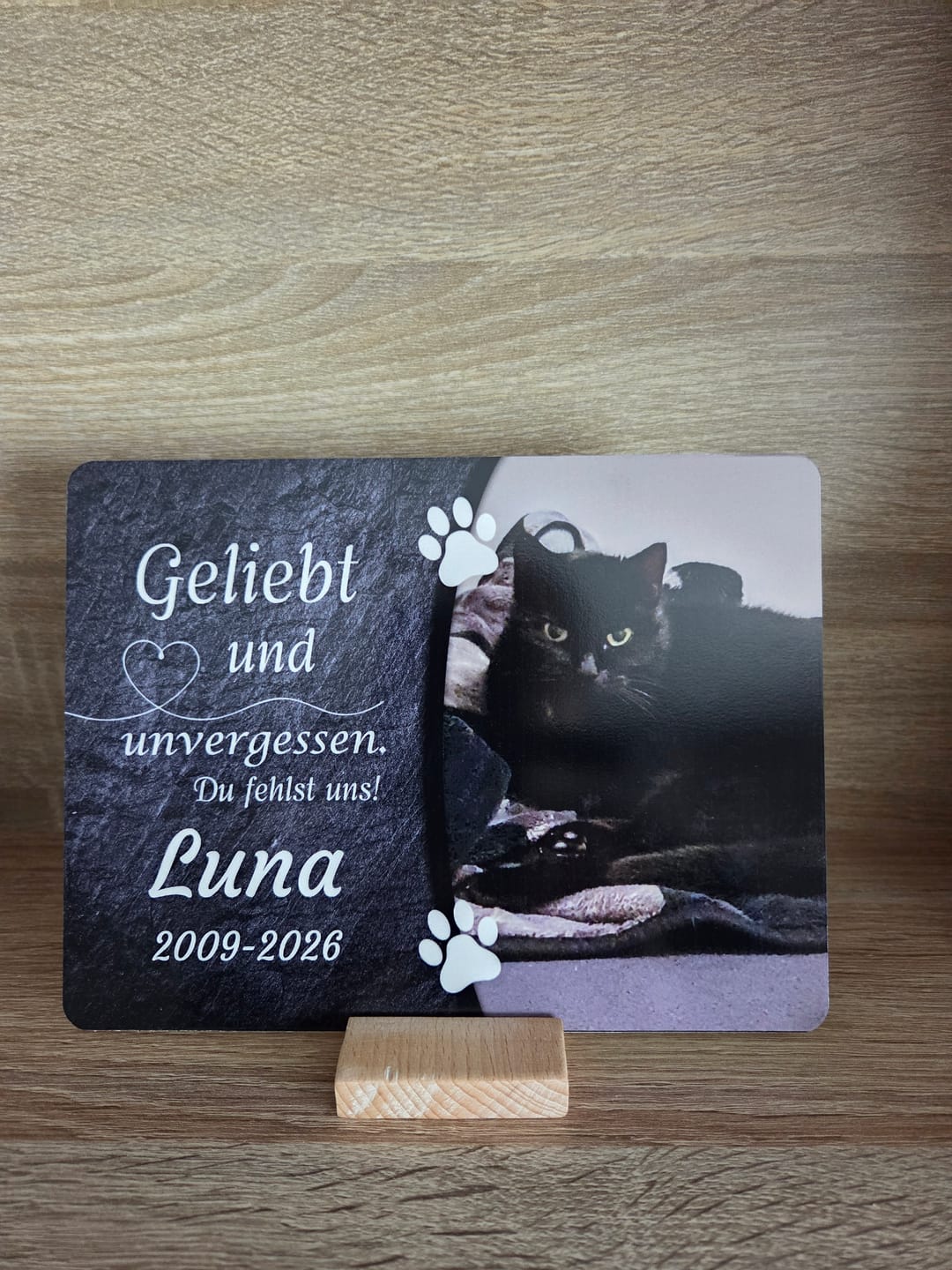 Customer photo review of Katzen Gedenktafel mit Foto & Spruch (UV- & Wetterfest)