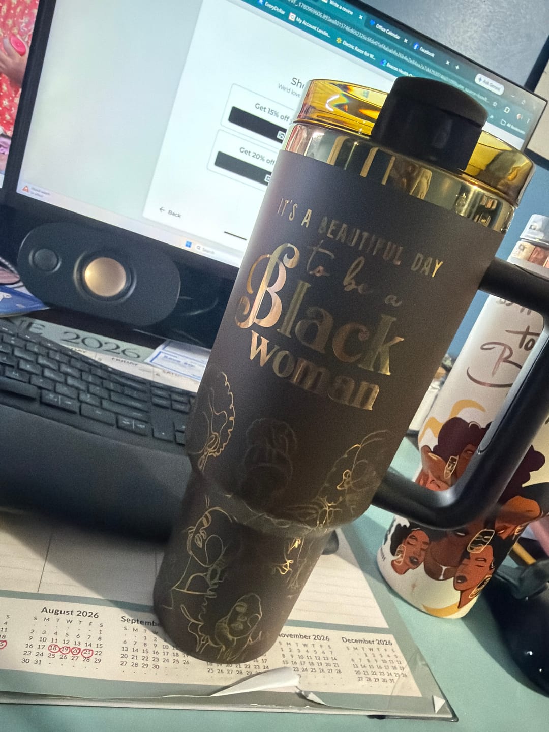 Customer photo review of "Brown Sugar" FlowSip™ Insulated Tumbler – It's a Beautiful Day to Be a Black Woman