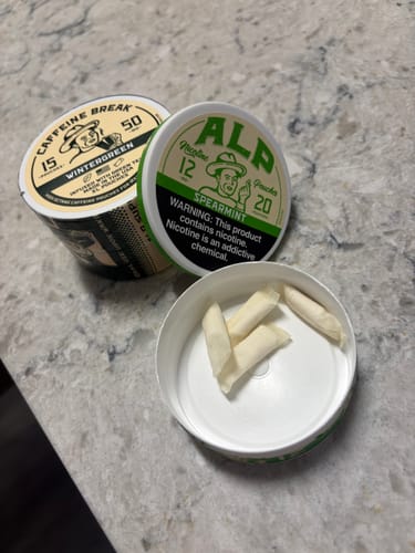 Reviewer's open container of Spearmint Nicotine Pouches with several pouches displayed in the lid.