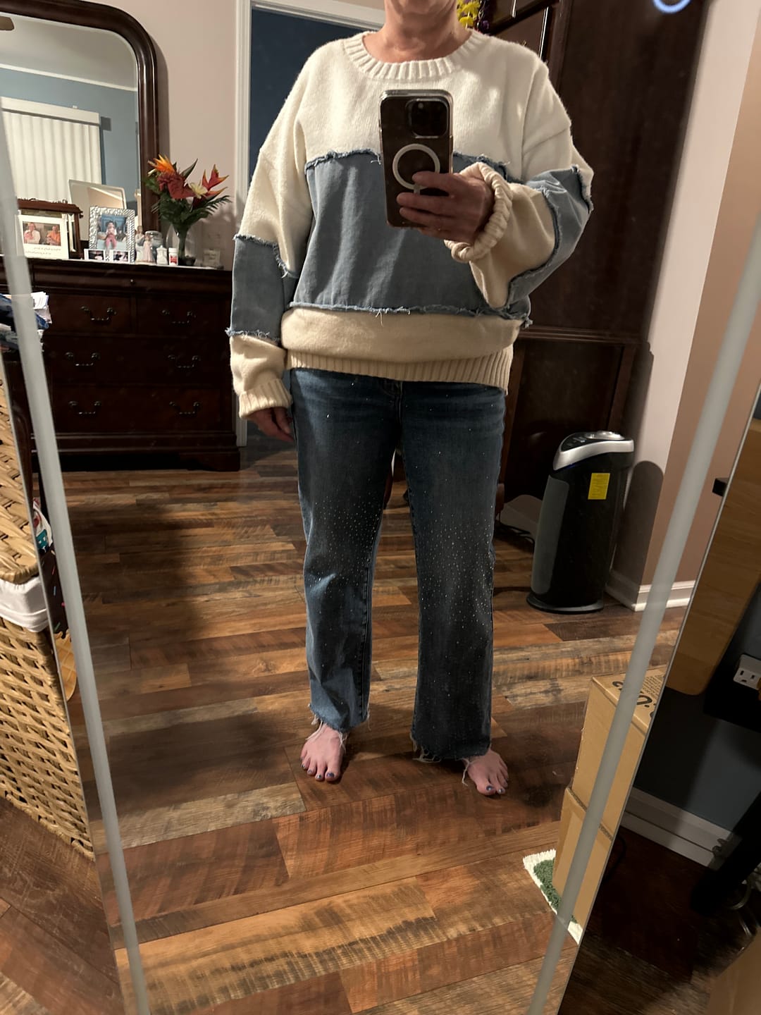 Customer photo review of White & Denim Mixed Fabric Striped Sweatshirt FINAL SALE