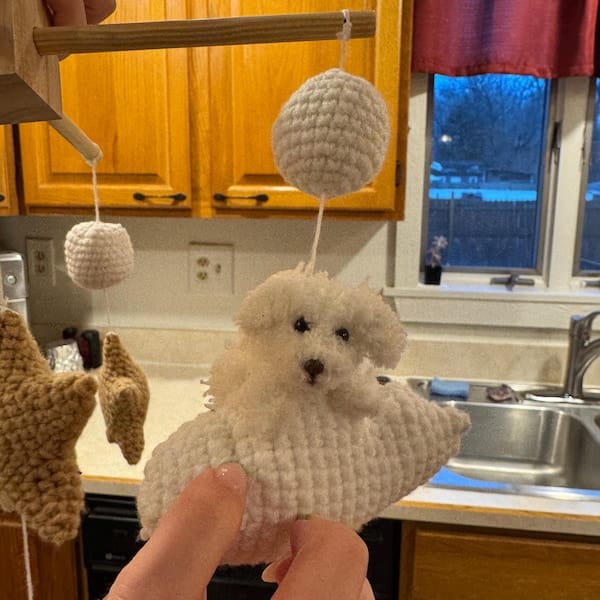 Customer photo review of Custom Pet Crochet Baby Mobile – Personalized Dog & Cat Nursery Decor with Moon, Stars & Clouds, Handmade Baby Shower Gift