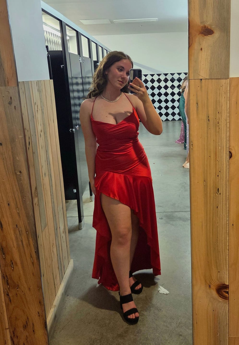 Customer photo review of Spaghetti Straps Pink Ruffle Long Dress with Slit