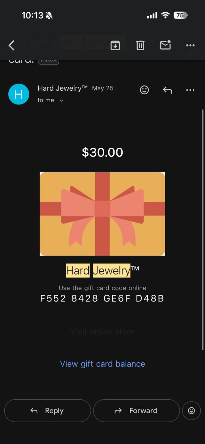 Customer photo review of HARD JEWELRY E-GIFT CARD
