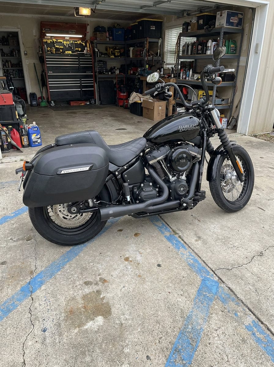 Customer photo review of 40L - Lamellar Raven Extra Large Leather Covered Motorcycle Hard Saddlebags for Harley Softail Street Bob FXBB/S