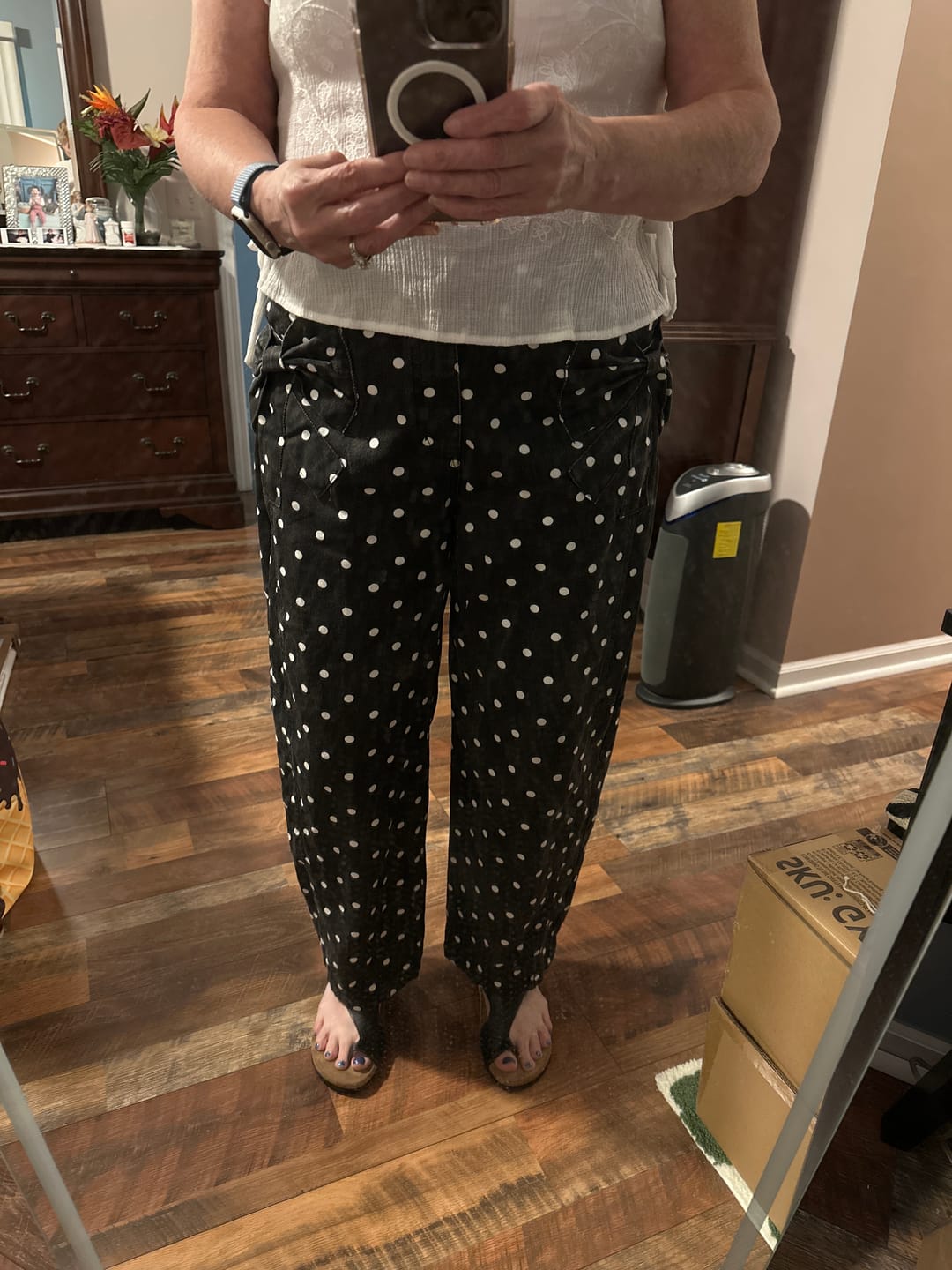 Customer photo review of Black & White Polka Dot Cropped High Waist Tapered Leg Pants