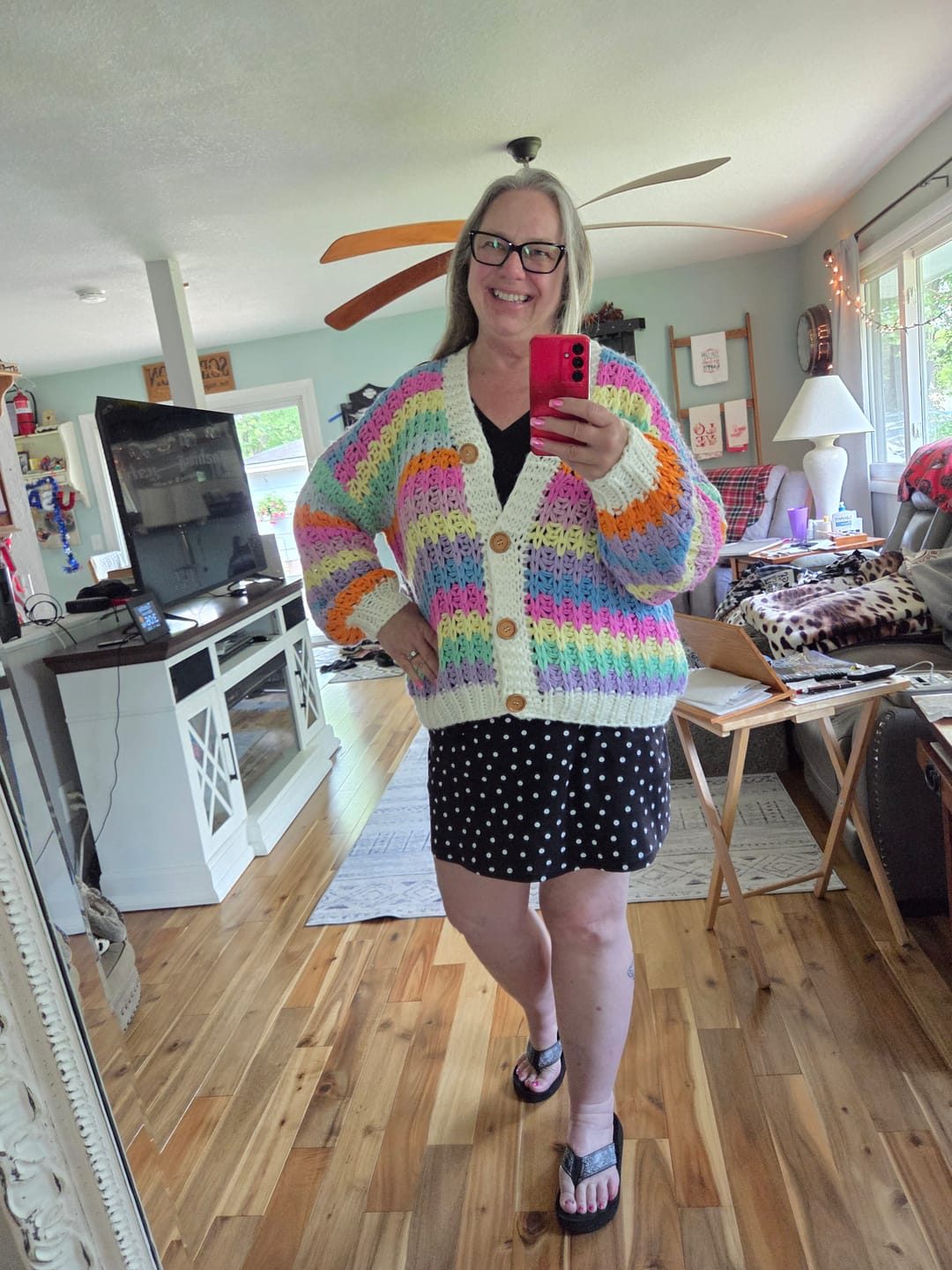 Customer photo review of Rainbow Striped Chunky Knit Button Front Cardigan