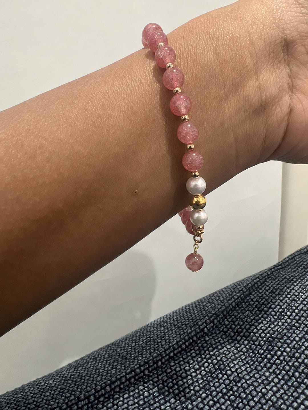 Customer photo review of Presence & Compassion Array – Natural Strawberry Quartz & Pearl Bracelet