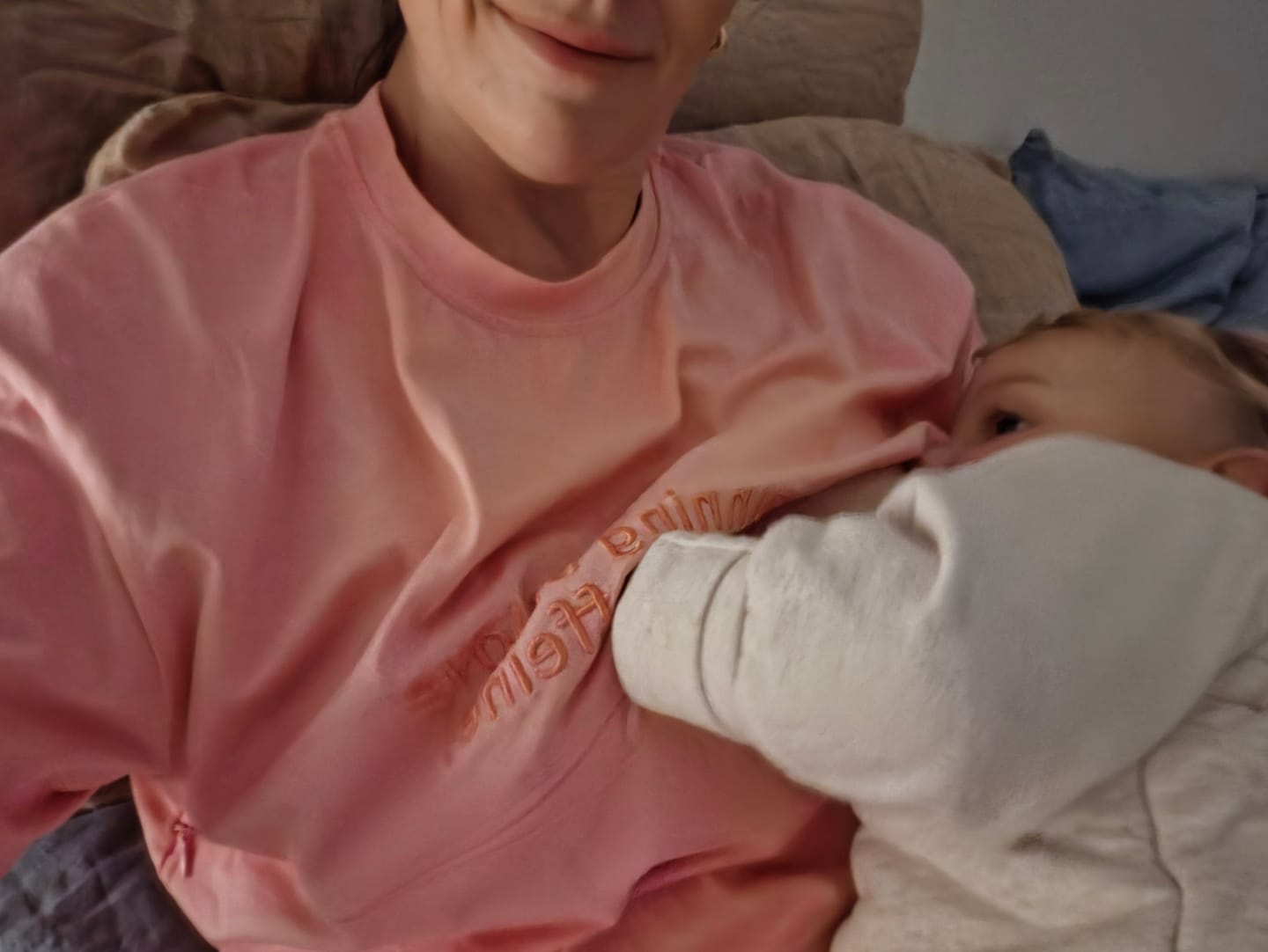 Customer photo review of Pink Breastfeeding Tee with Hidden Zip – "Running on Love (and caffeine)"