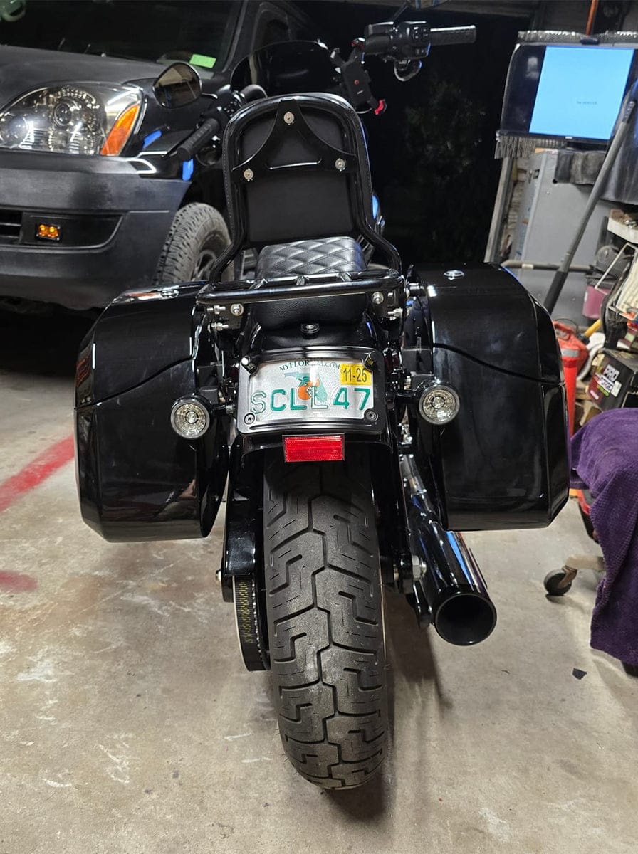 Customer photo review of 40L - Lamellar Raven Extra Large Painted Motorcycle Hard Saddlebags for Harley Softail Street Bob FXBB/S