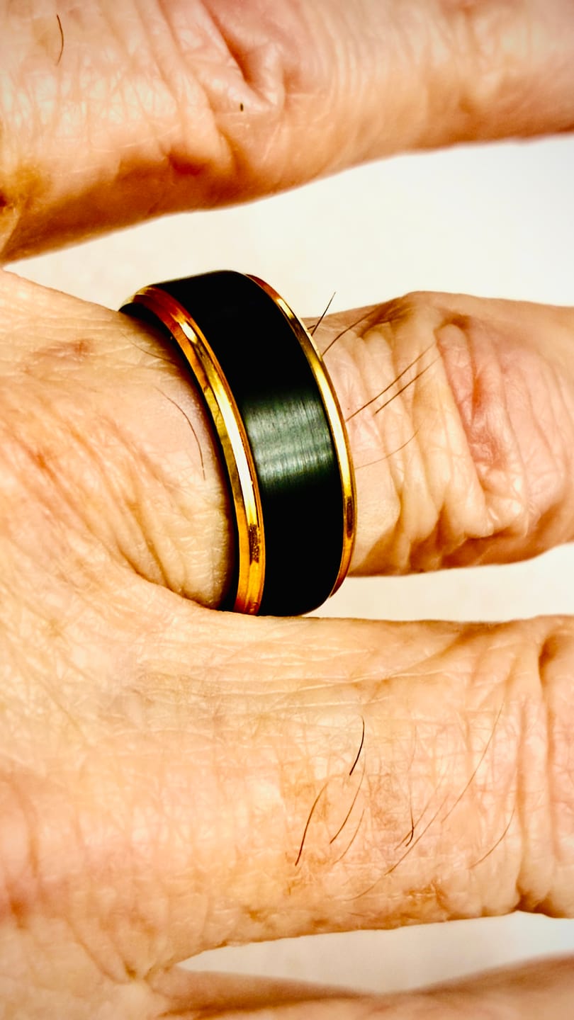 Customer photo review of 8mm - Tungsten Black & Gold Wedding Band, Stepped Edges, Brushed Ring
