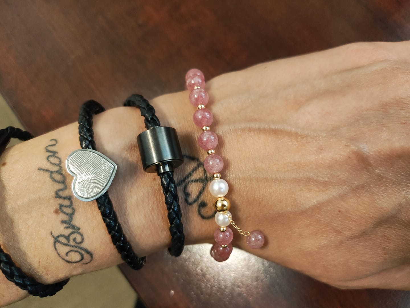 Customer photo review of Presence & Compassion Array – Natural Strawberry Quartz & Pearl Bracelet