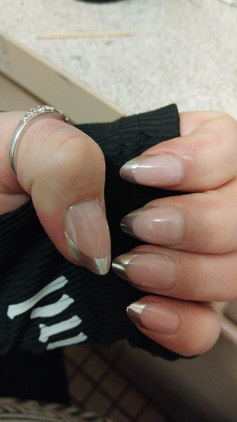 Customer photo review of Metallic silver french instant manicure kit.