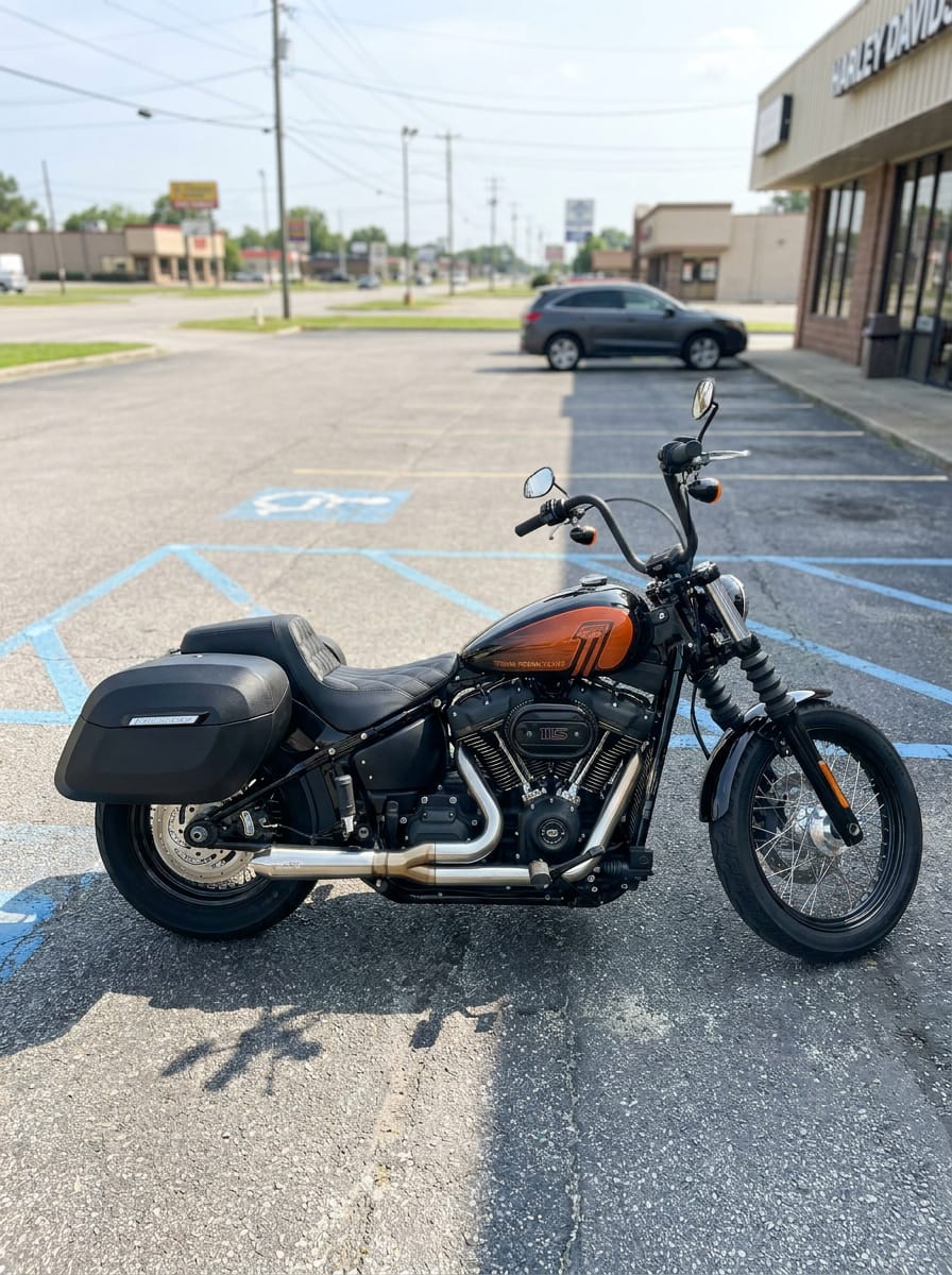 Customer photo review of 40L - Lamellar Raven Extra Large Leather Covered Motorcycle Hard Saddlebags for Harley Softail Street Bob FXBB/S