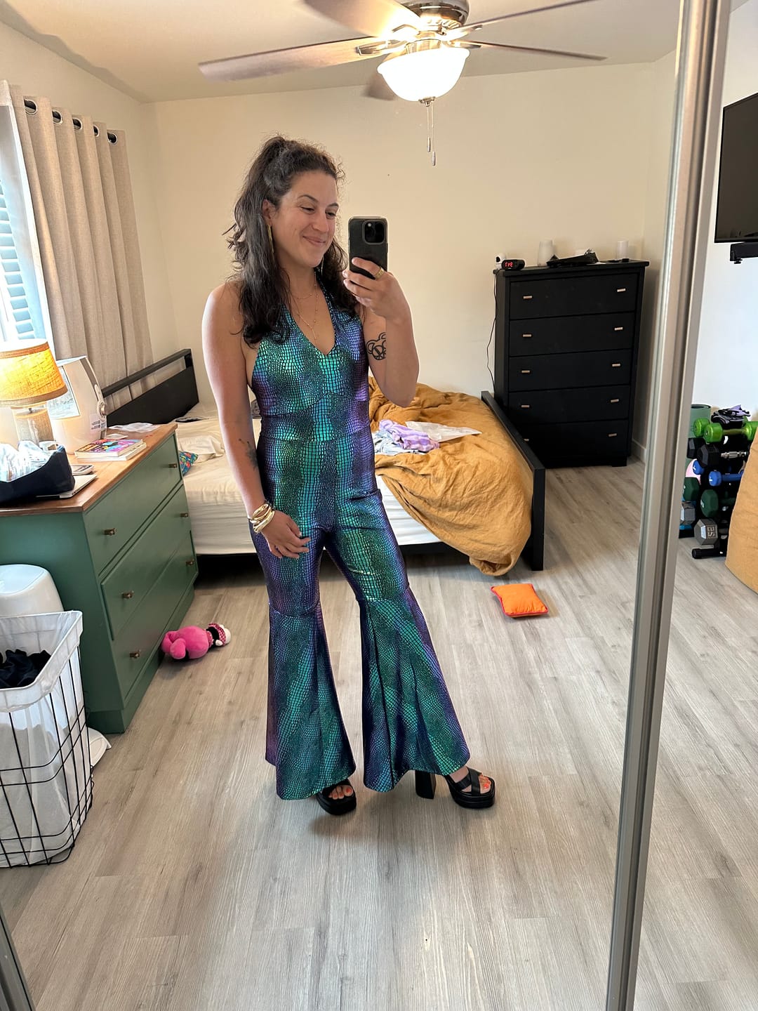 Customer photo review of Blue 1960s Halter Metallic Iridescent Flared Jumpsuit