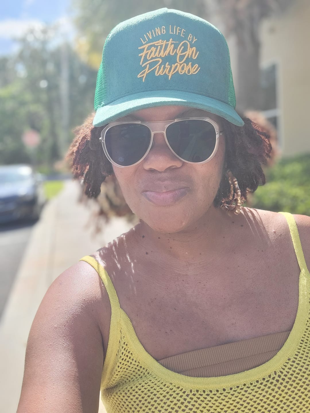 Customer photo review of Living Life by Faith On Purpose Green Trucker Hat