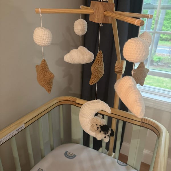 Customer photo review of Custom Pet Crochet Baby Mobile – Personalized Dog & Cat Nursery Decor with Moon, Stars & Clouds, Handmade Baby Shower Gift