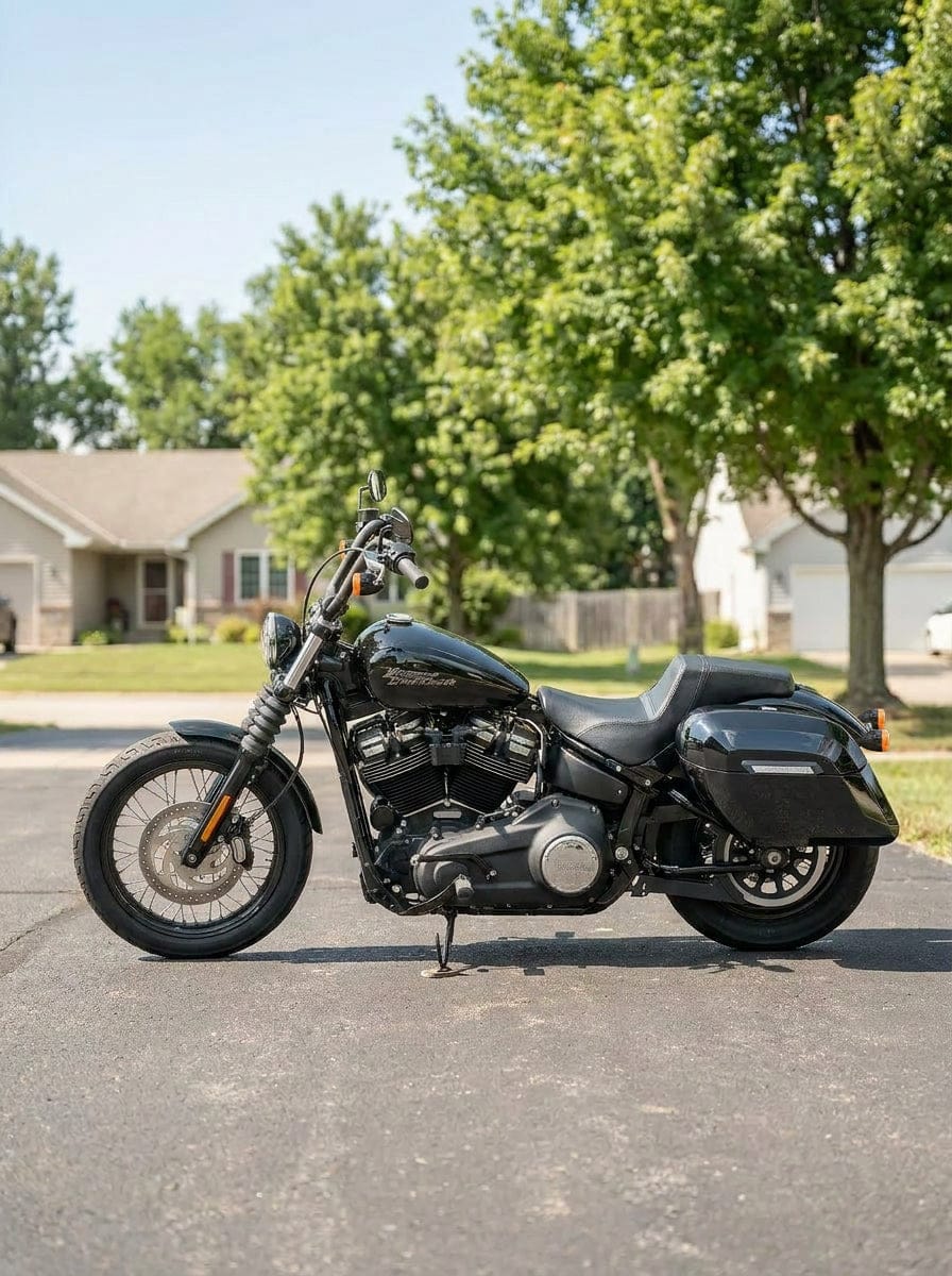 Customer photo review of 40L - Lamellar Raven Extra Large Painted Motorcycle Hard Saddlebags for Harley Softail Street Bob FXBB/S