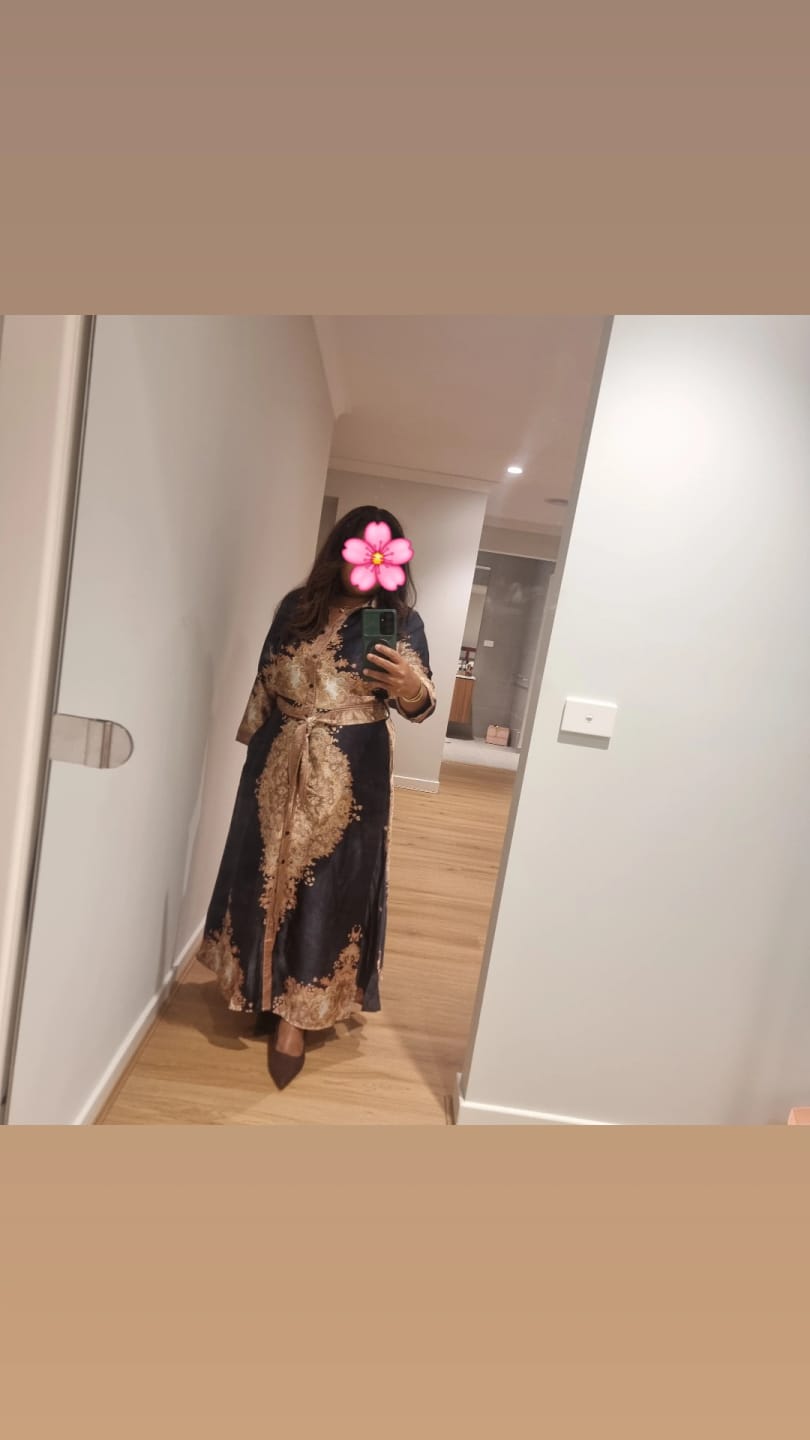 Customer photo review of Ellen Midi Shirt Dress in Navy with Multi Placement Satin