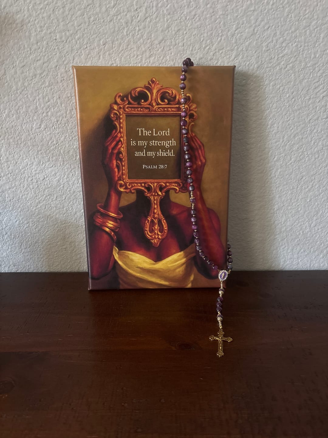 Customer photo review of FREE Today: Canvas-Style Shimmery Purple Rosary with Our Lady: Gilded Faith Devotion