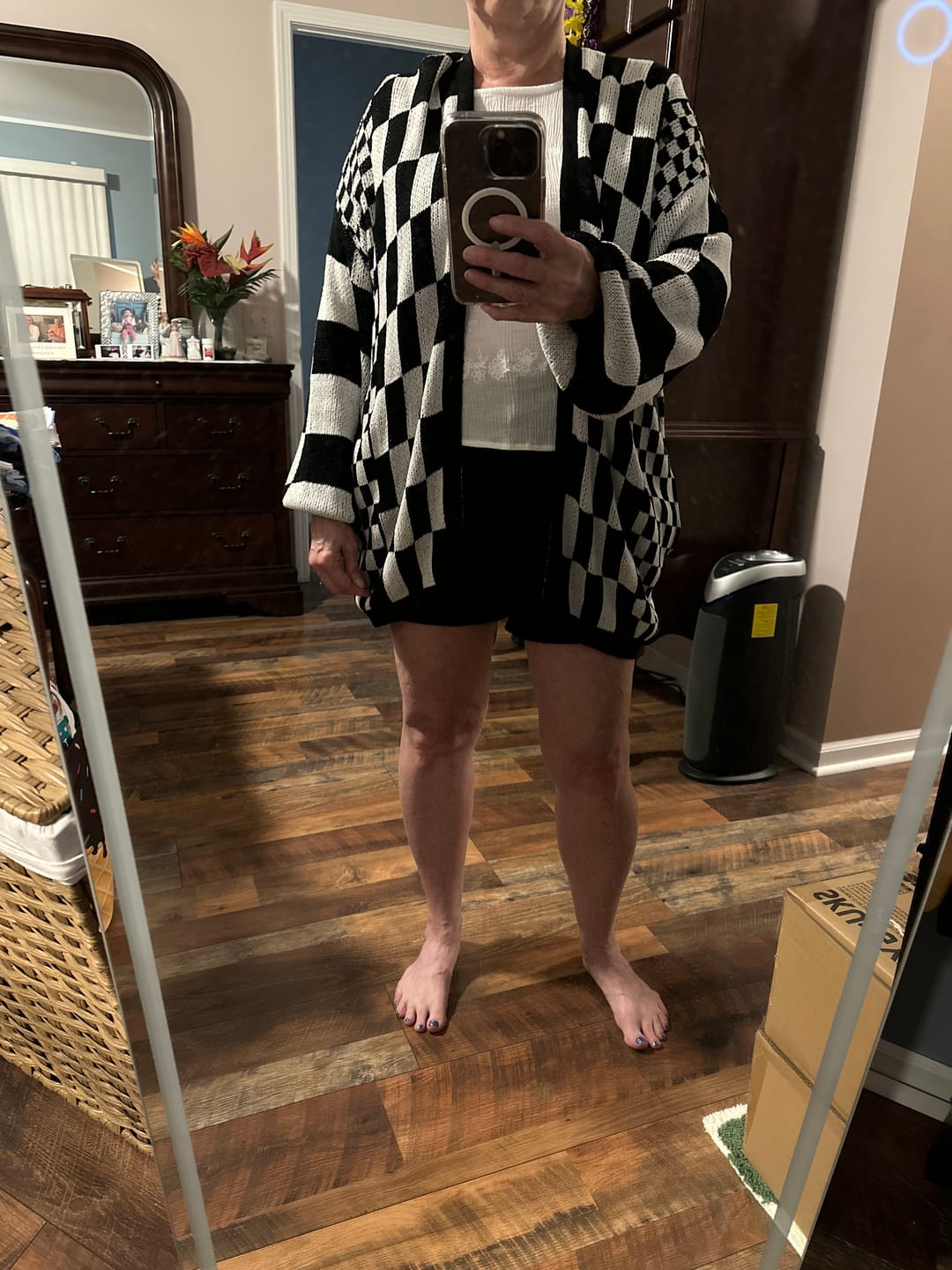 Customer photo review of Black & White Checkerboard Open Front Cardigan FINAL SALE