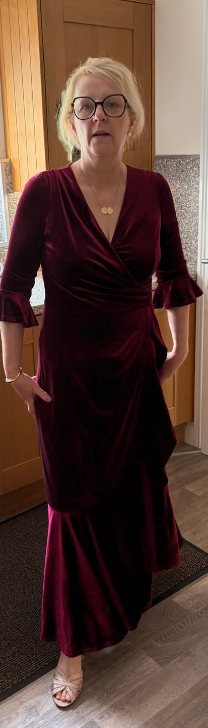 Customer photo review of 'Stevie' Luxe Velvet Ruffle Dress in Wine