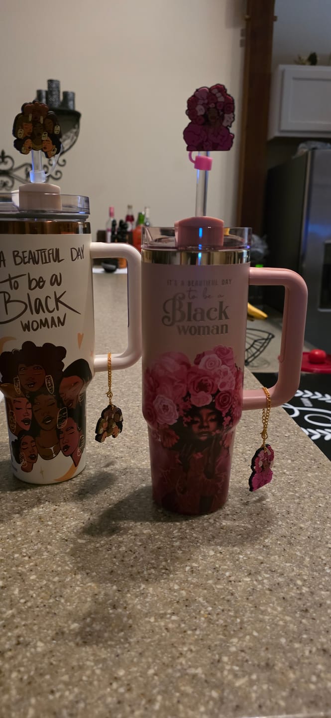 Customer photo review of Rose Pink "Royalty Blossomed" FlowSip™ Insulated Tumbler – It's a Beautiful Day to Be a Black Woman