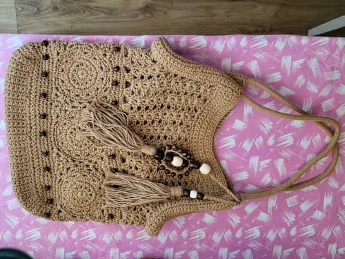 Customer photo review of Boho Crochet Tote Bag with Bead Fringe and Adjustable Straps