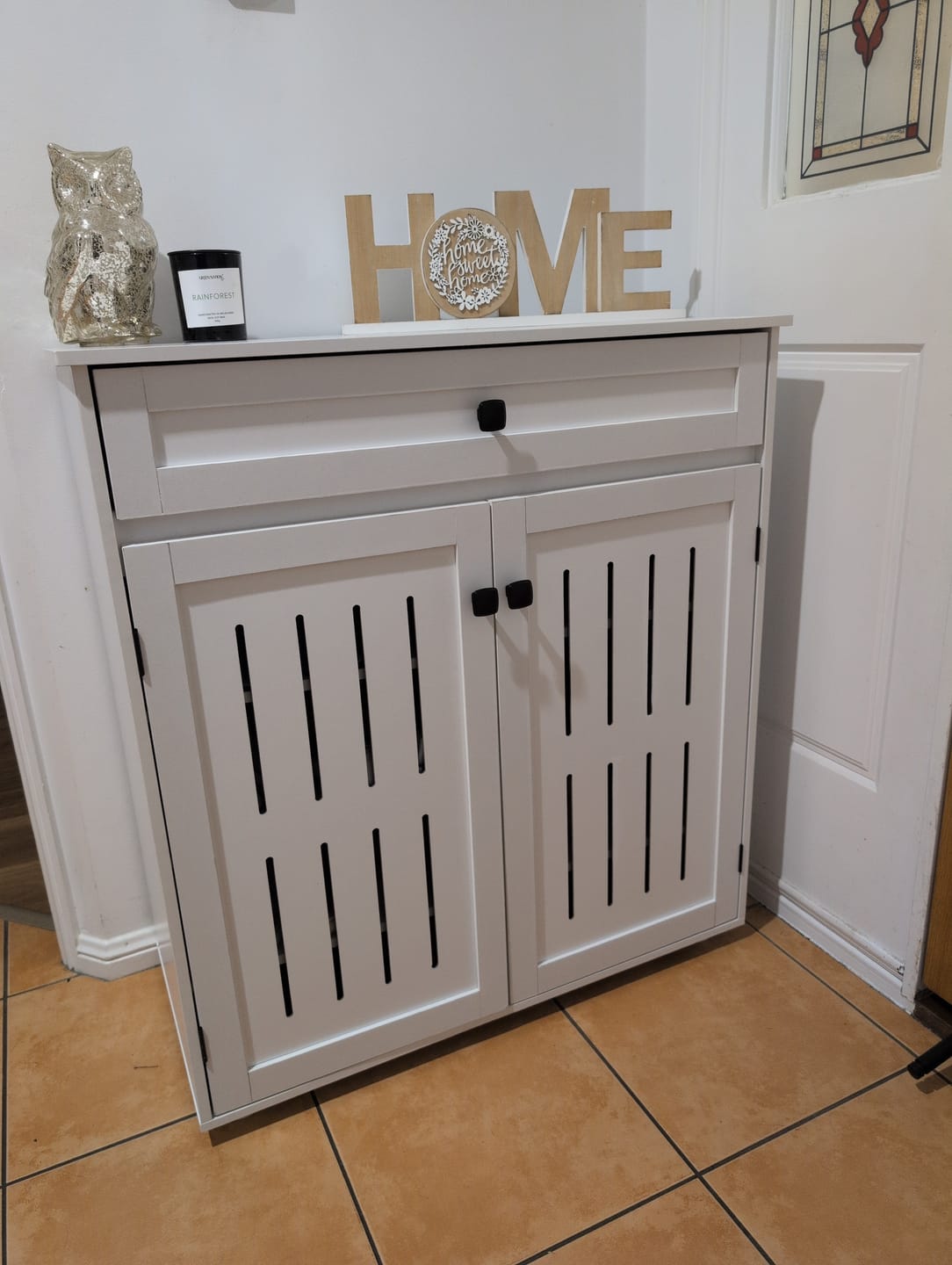 Customer photo review of Shoe Cabinet 4-Tier Door Entryway Storage Rack Organizer Cupboard White