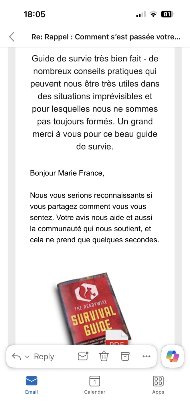 Customer photo review of Guide de survie gratuit ReadyWise