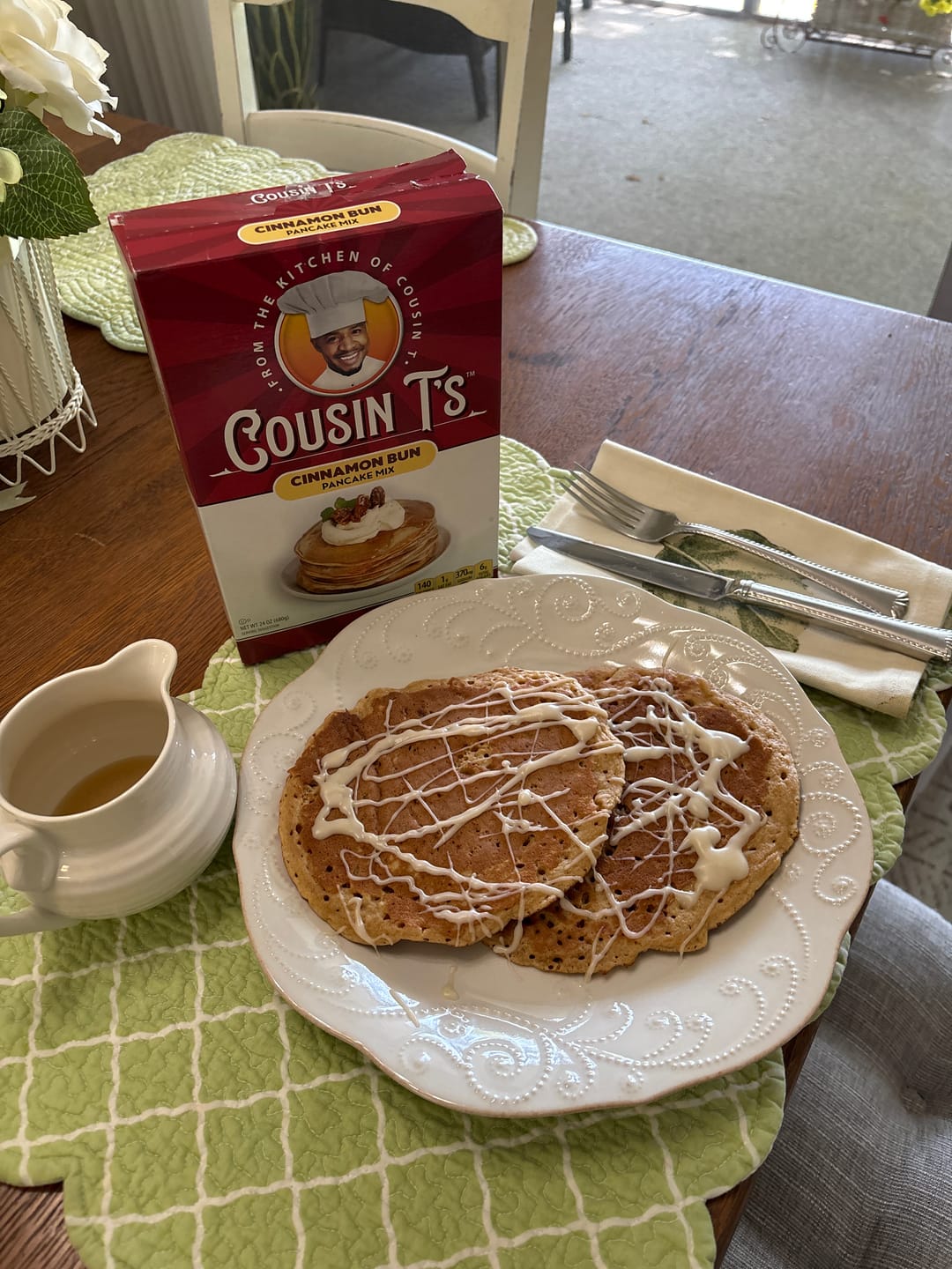 Customer photo review of Cousin T's Gourmet Cinnamon Bun Pancake Mix