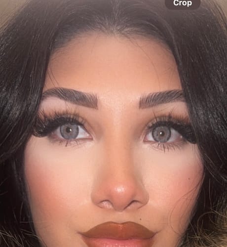 A reviewer's close-up showing the stunning and seamless look of the Cyrene Gray contact lenses.