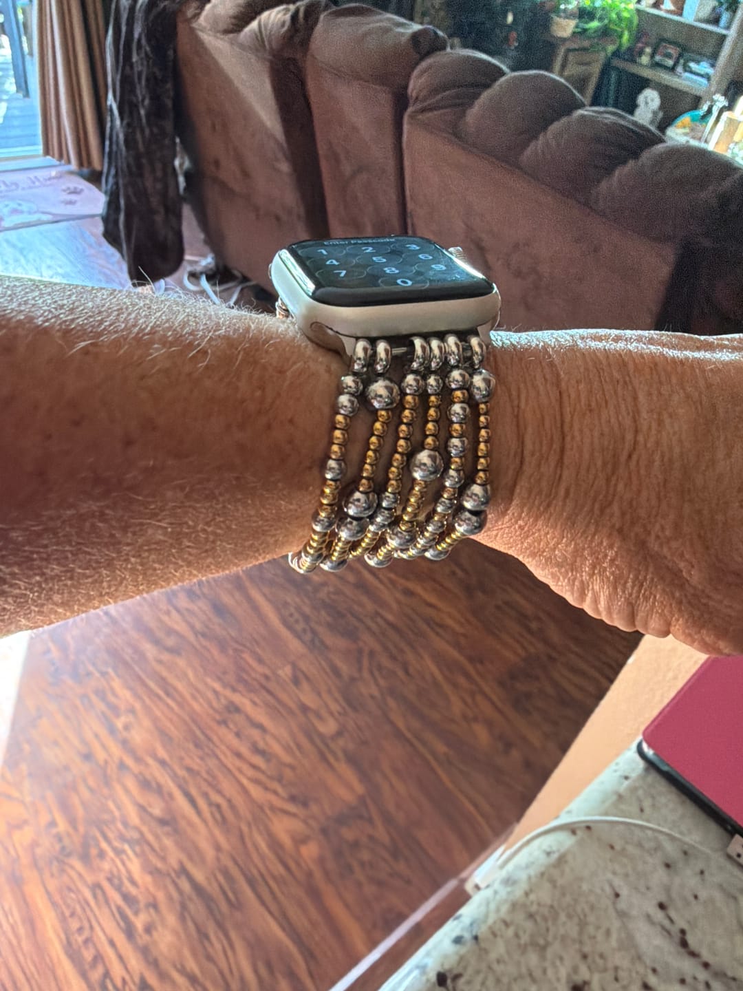 Customer photo review of Platinum Demure Stretch Apple Watch Strap