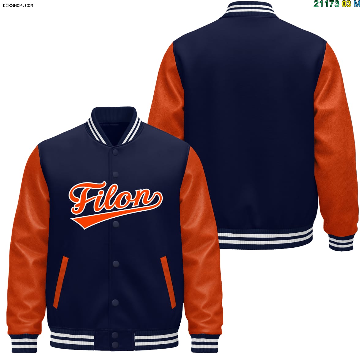 Customer photo review of Custom Navy Orange White Raglan Sleeves Varsity Full-Snap Leather Sleeves Letterman Jacket