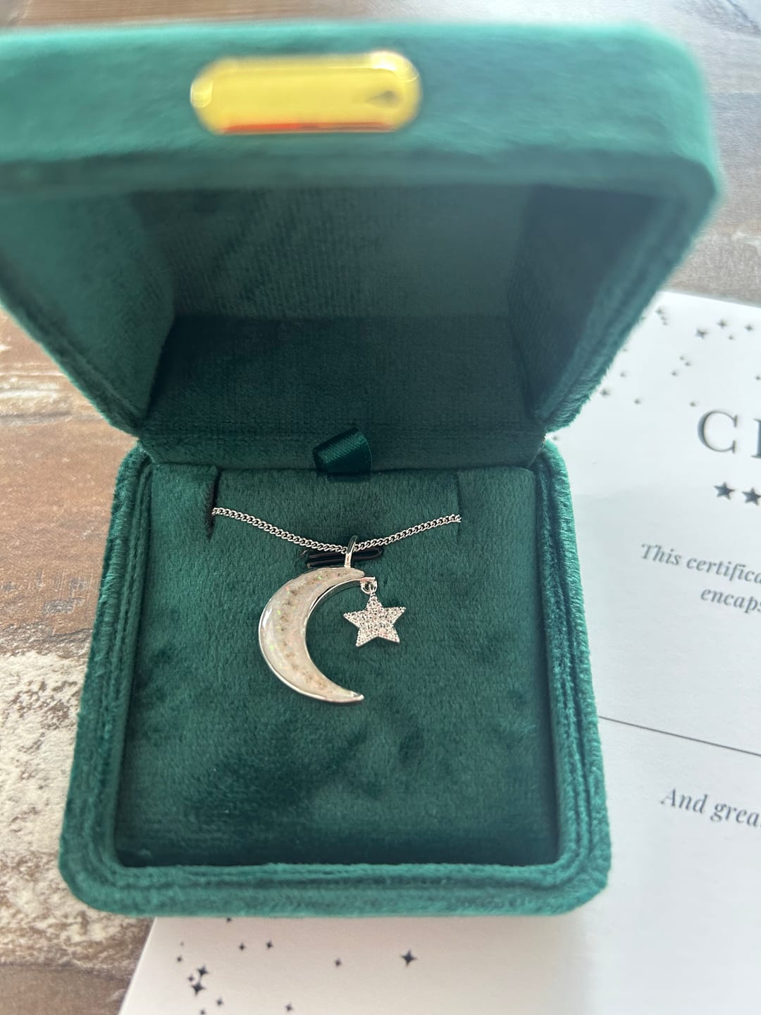 Customer photo review of My Moon and Stars Keepsake Pendant