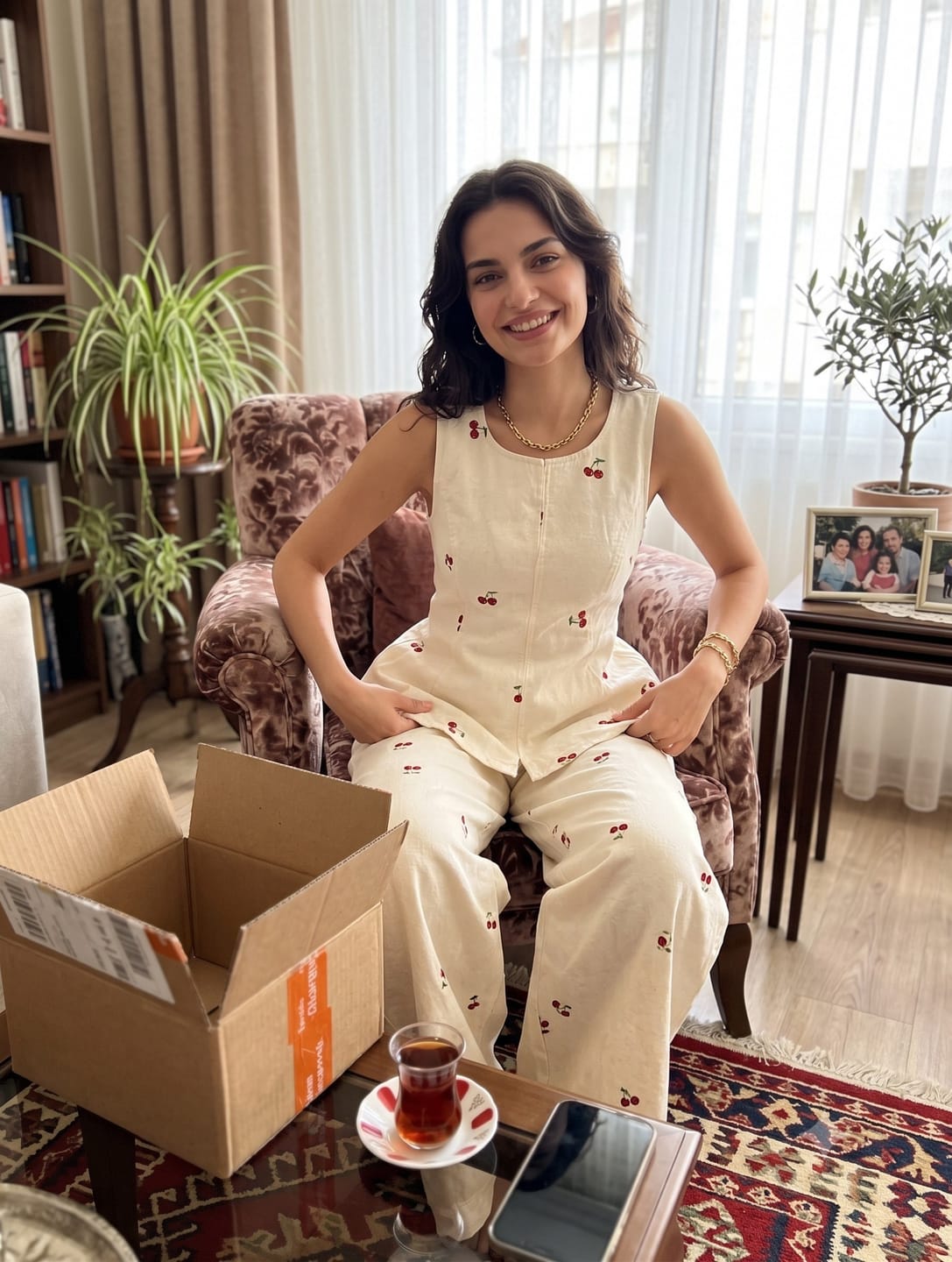 Customer photo review of Kadın Çizgili Askılı Desenli Bol Kesim Pantolonlu İkili Takım