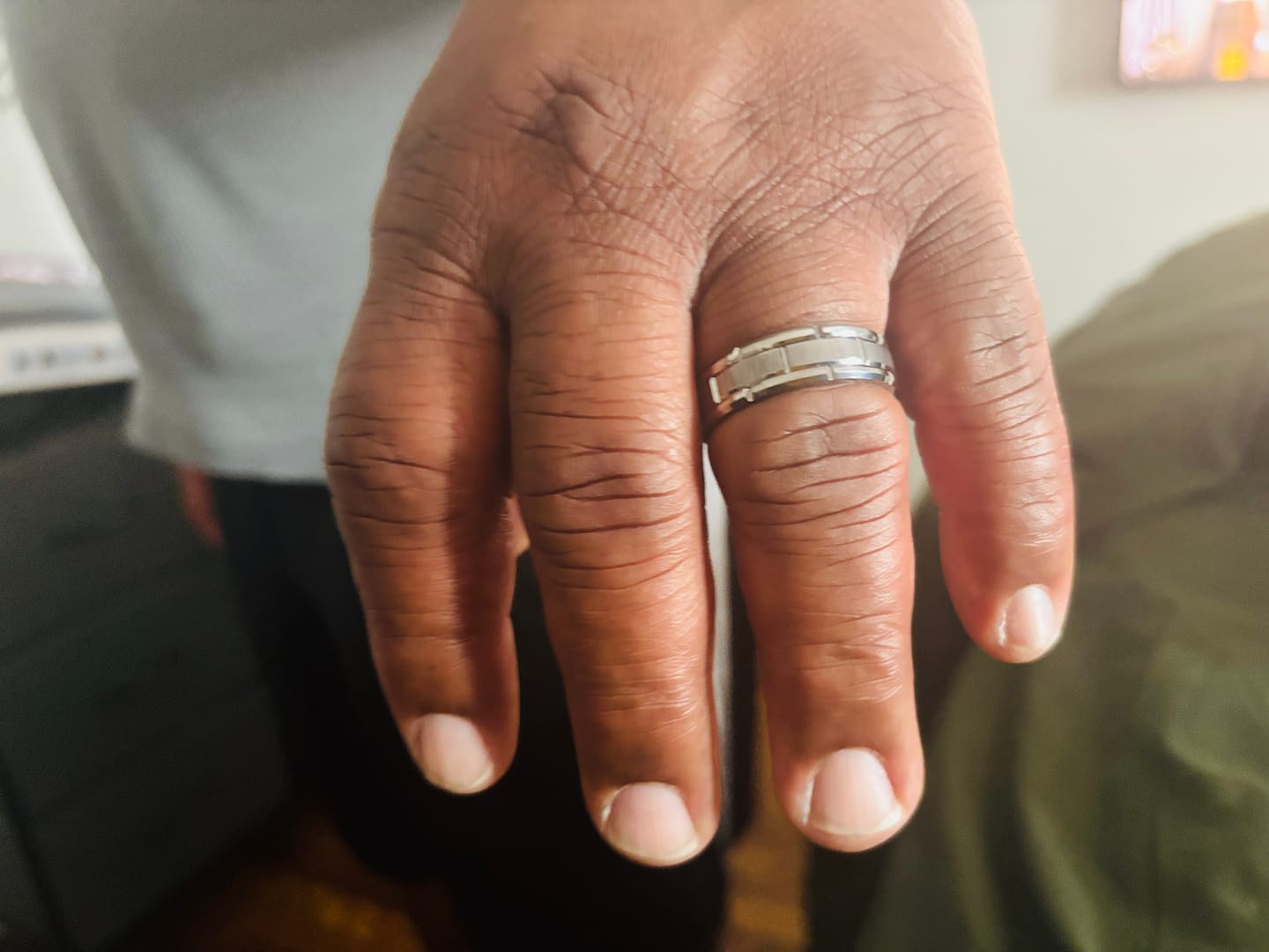 Customer photo review of Silver Tungsten Ring With Brick Pattern Brushed Center -8mm